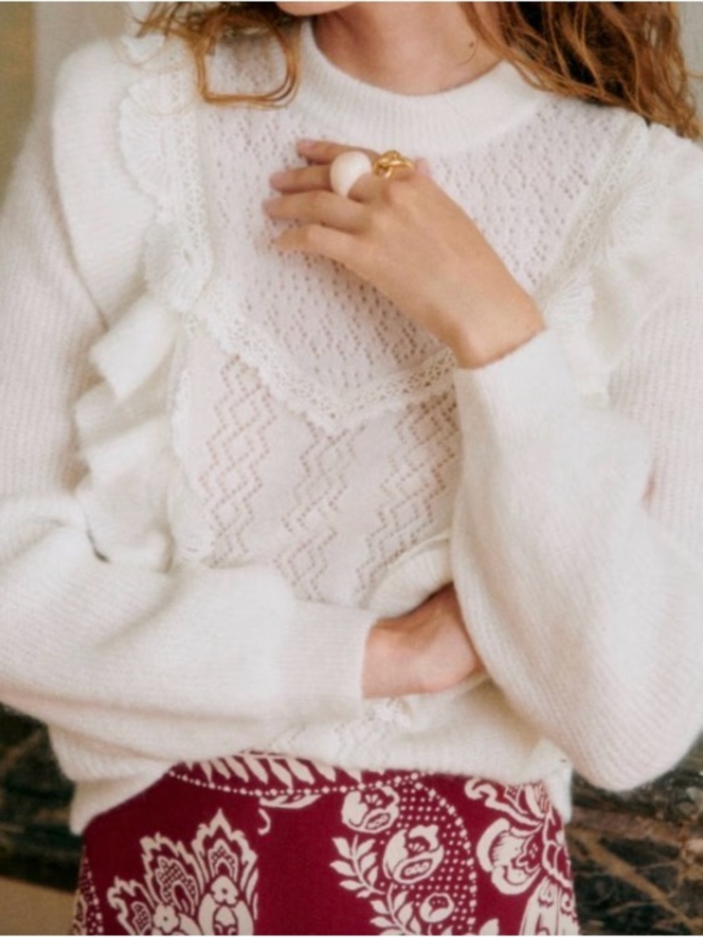 SEZANE Domi Wool Blend Crewneck Sweater Ecru Medium Lace Made In Italy *Flaw